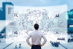 Big data analysis visualization technology with scientist analyzing the structure of information on the screen with machine learning to extract strategic forecasts for business, finance, internet of things