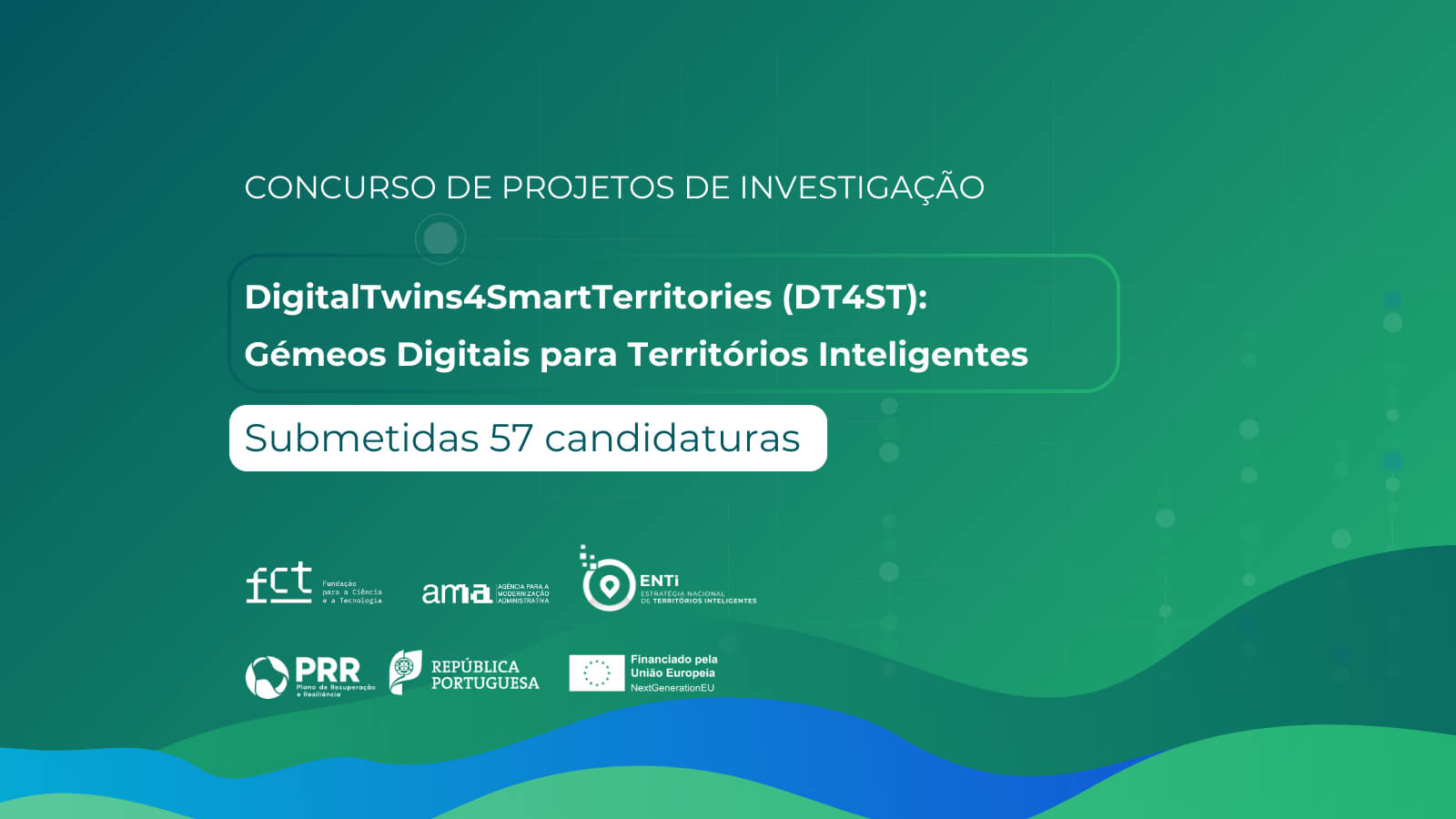 Poster alusivo ao concurso de projetos de investigação "DigitalTwins4SmartTerritories (DT4ST): Gémeos Digitais para Territórios Inteligentes" Candidaturas submetidas
