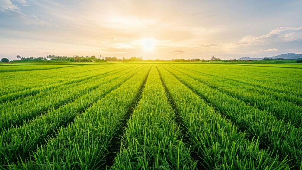 Campo agrícola com pôr do sol