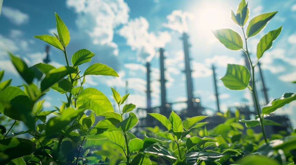 Plantas verdes em primeiro plano com um complexo industrial e céu azul atrás delas