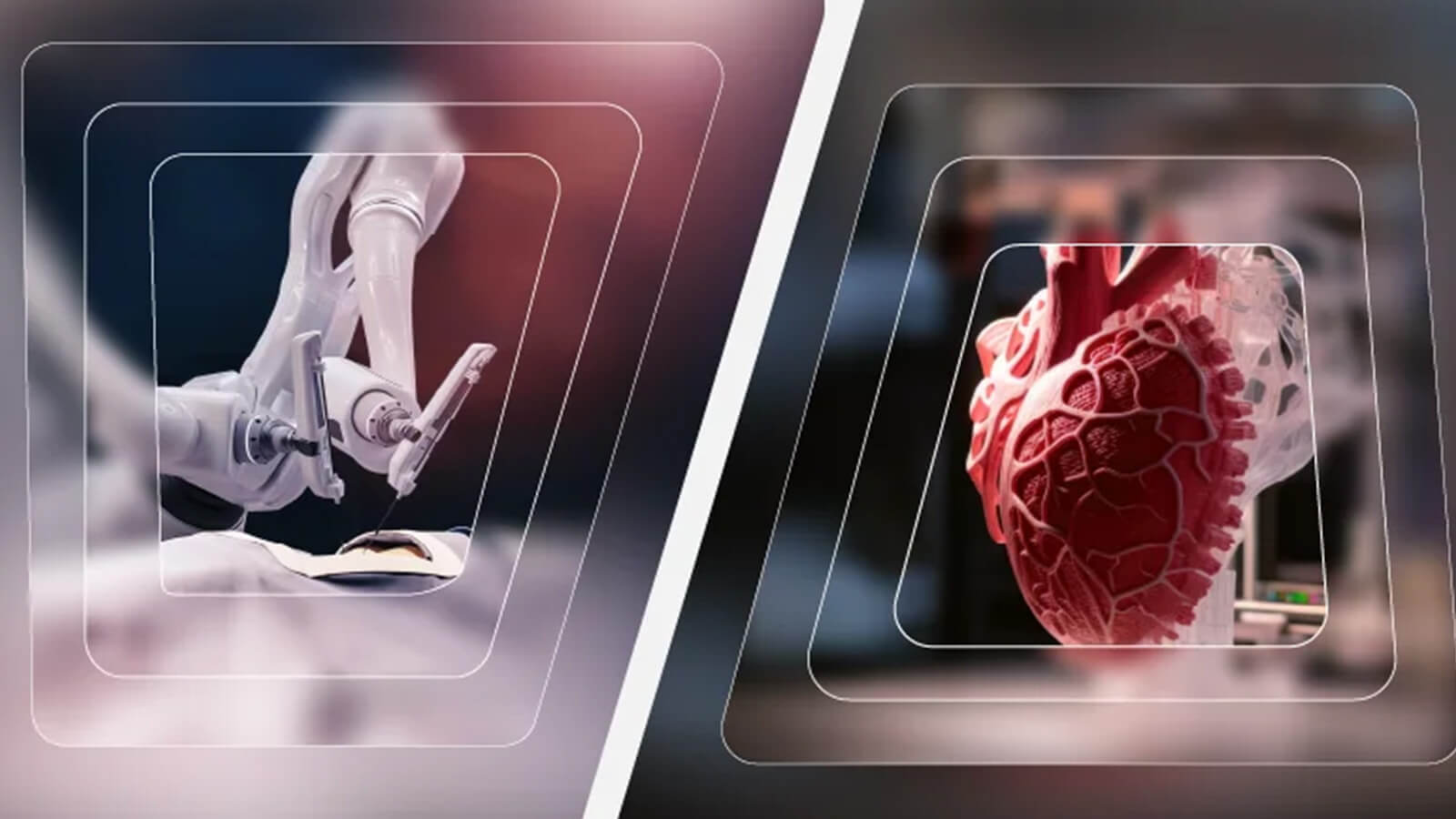 Image of a robotic arm and a 3D model of a heart