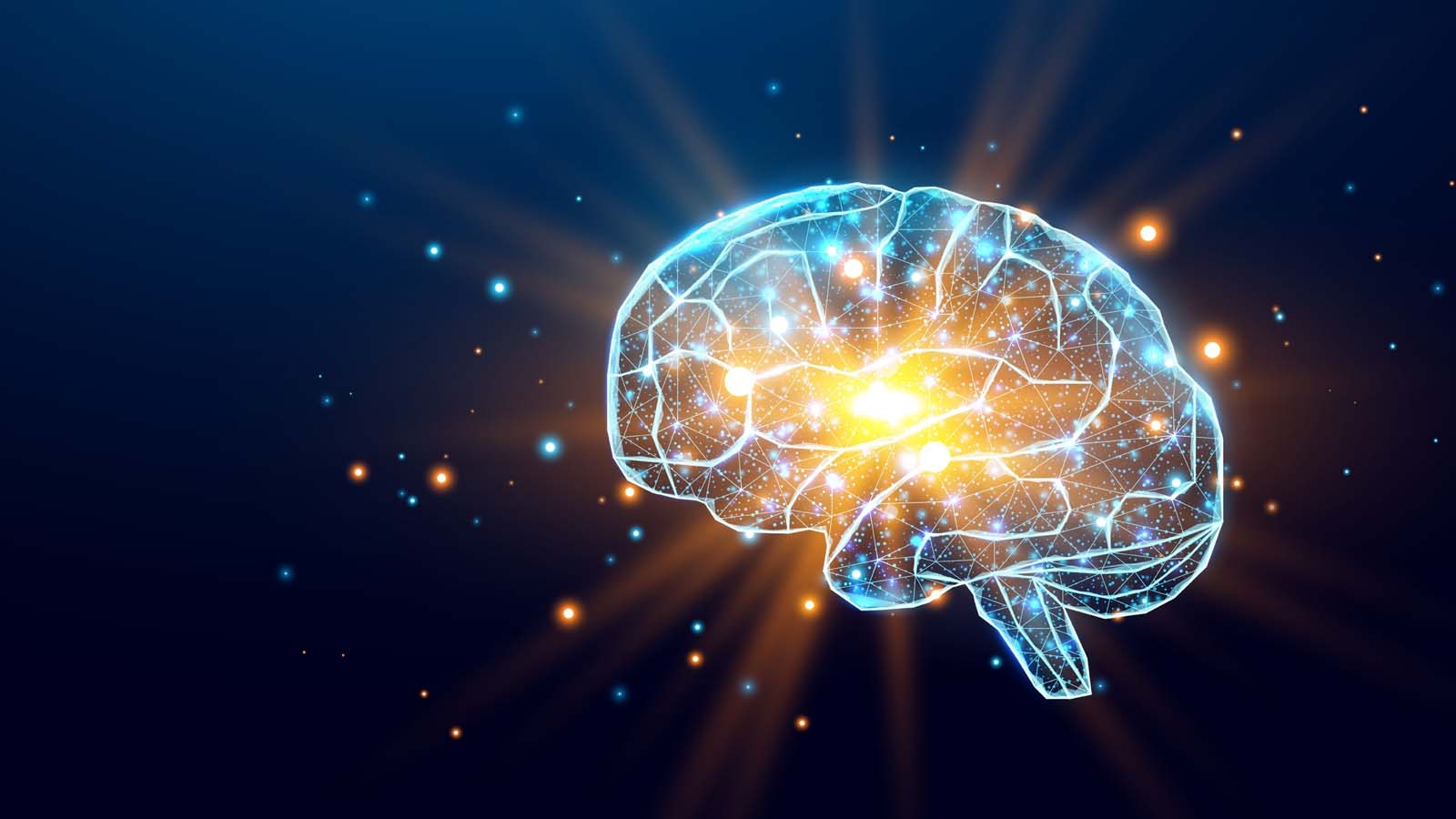 Modelo abstrato 3d de um cérebro sob um fundo azul escuro