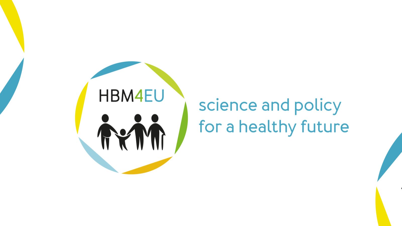 Logótipo do projeto HBM4EU, com figuras humanas rodeadas por elementos coloridos e o lema “Science and policy for a healthy future”.